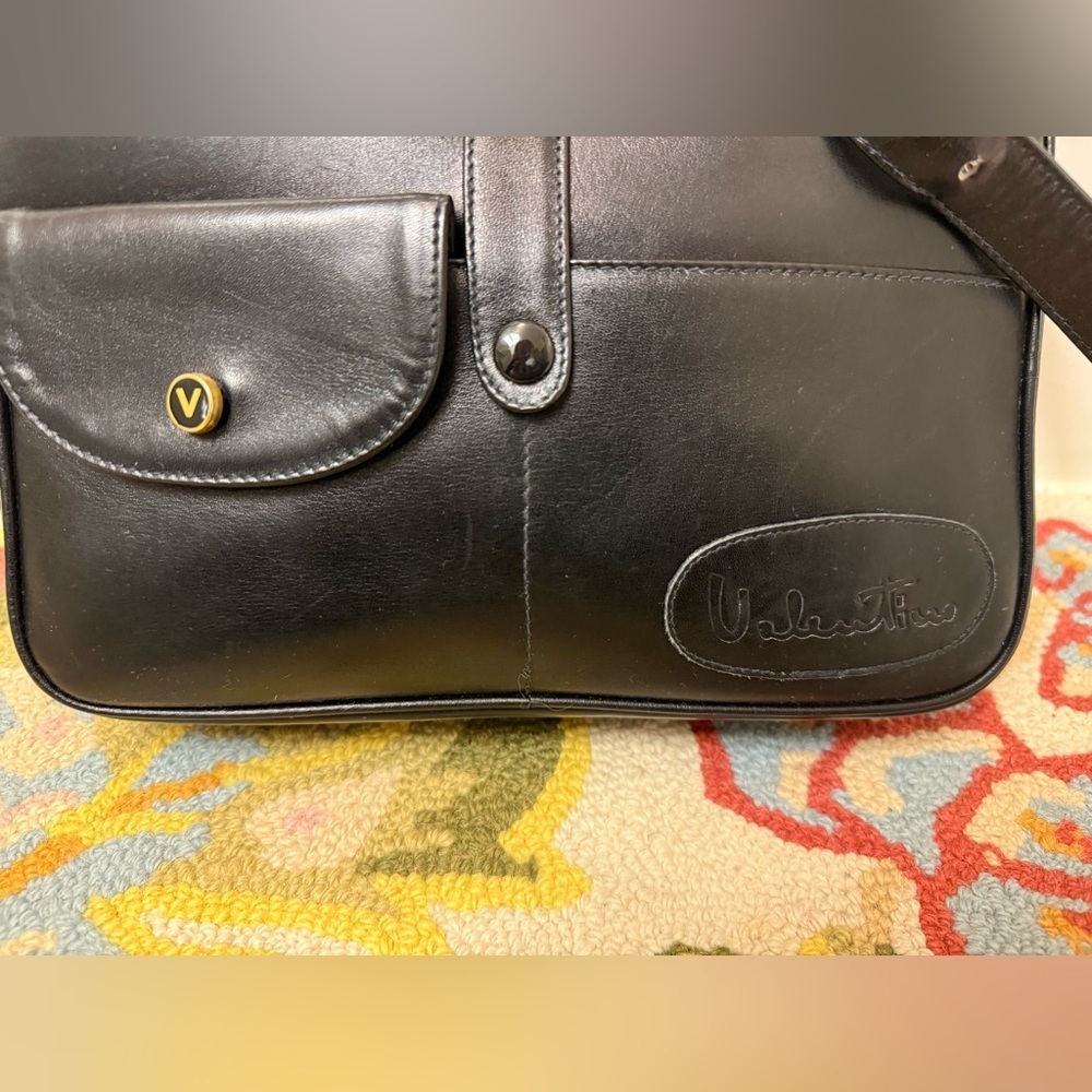 MARIO VALENTINO Unisex Rare Vintage Black Leather Satchel Crossbody - Picture 3 of 16